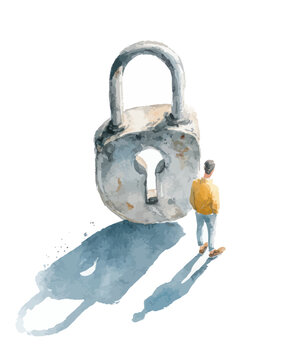 Man contemplates large vintage padlock watercolor artwork