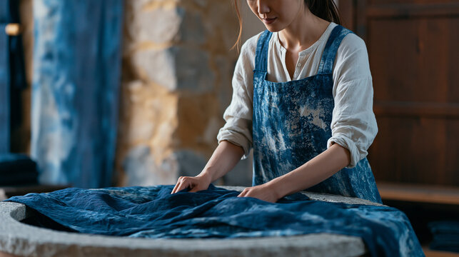 Mid-career female master dyer wringing hand-dyed indigo linen lengths over traditional stone vat inside sustainable Japanese-inspired natural textile studio, skilled artisan