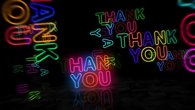Thank you neon symbol. Light color bulbs. Gratitude abstract seamless and loopable concept. 3d flying through the tunnel animation.