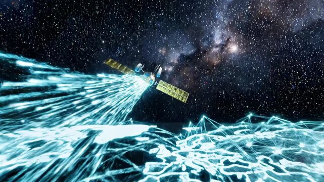 A futuristic satellite transmits data globally, illuminating a world map with blue lines