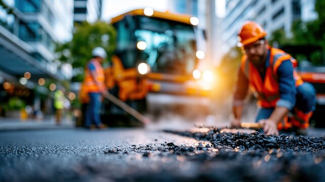 City street repair with fresh asphalt paving, road roller, and construction workers in action