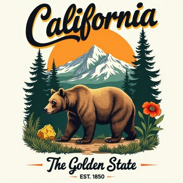California retro travel emblem with grizzly bear, poppy, and mountains. Vintage style graphic illustration of The Golden State for t-shirt design or poster.