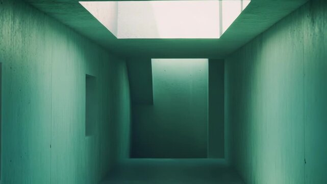 Minimalist raw concrete hallway creating a stark, modern architectural design, featuring a single skylight illuminating the textured walls with a serene green cast and abstract shadows