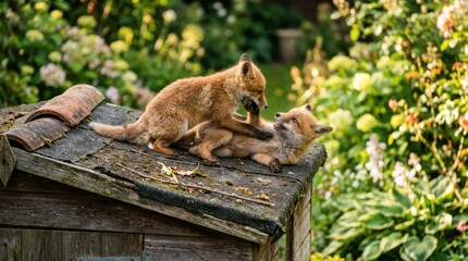 Fototapeta premium Two foxes playing on a weathered rooftop in a lush green garden setting, wildlife scene.