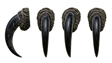 Fototapeta premium A Set of Four Fossilized Dinosaur Claws or Talons, Isolated on a White Background