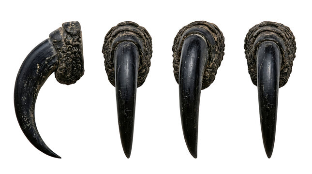 A Set of Four Fossilized Dinosaur Claws or Talons, Isolated on a White Background