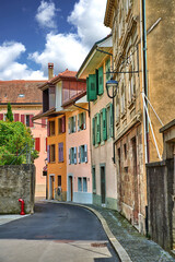 Fototapeta premium Architecture, buildings and house on road in France for design, scenery and tourist destination. Background, travel and property with street in city for aesthetic, location and structure outdoor
