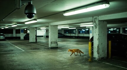 Fototapeta premium Urban Fox Explores Empty Parking Garage Underneath Fluorescent Lighting.