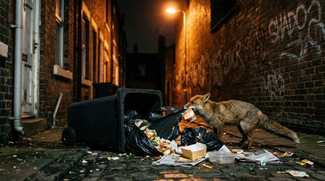 Urban fox scavenging for food in a dark, grimy alleyway at night, surrounded by trash.