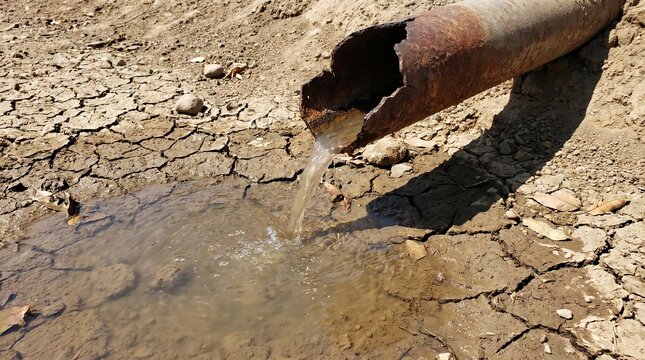 A damaged rusty metal pipe discharging murky wastewater into a small puddle on the parched and cracked earth ground surface.