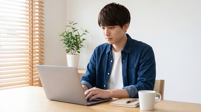A focused young Japanese man typing on a modern silver laptop while sitting at a desk during his daily work