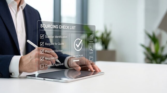 Futuristic holographic sourcing checklist interface displayed above tablet, businessman selecting supplier identification and negotiation options, digital procurement and supply