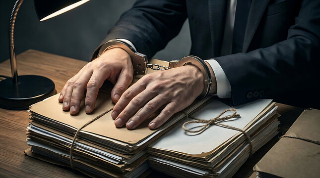 Legal Consequences A handcuffed businessman facing charges, with hands restrained over confidential documents on a desk, symbolizing justice and accountability