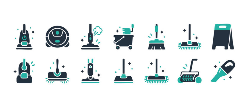 Cleaning Equipment Icons Set, Housekeeping Tools and Floor Maintenance Vector Illustration. Vacuum cleaners, mops, brooms, steam cleaners, and janitorial supplies for home and professional office hygi