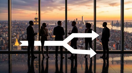 Fototapeta na wymiar Silhouette of business team standing by window with city skyline view, double arrow sign indicating decision making or direction choice, corporate leadership meeting, strategic