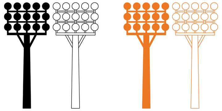 Stadium floodlights in black, white, orange, and outline styles for sports and events.