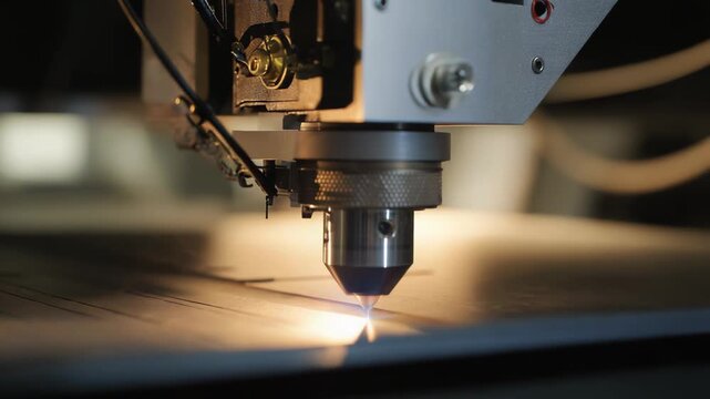 Laser cutting head precisely slicing steel sheet with bright focused beam, creating sparks during automated cnc metalworking in a modern factory production and fabrication setting
