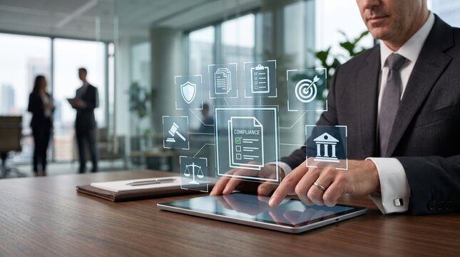 Businessman using tablet with holographic compliance icons, legal documents and security shield in modern office environment.