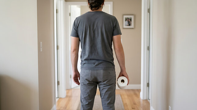 Rear view of a man carrying a fresh roll of toilet paper through a bright domestic hallway