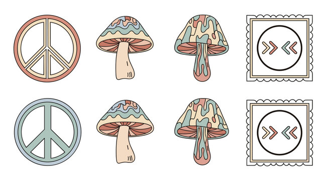 Retro sticker collection featuring peace signs, groovy mushrooms, and condom packets in a vintage color palette with black outlines.