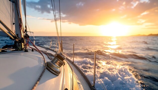 Sailing yacht cuts through waves at sunset with sun illuminating the clouds and sea