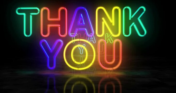 Thank you neon symbol. Light color bulbs. Gratitude abstract seamless and loopable concept. 3d flying through the tunnel animation.