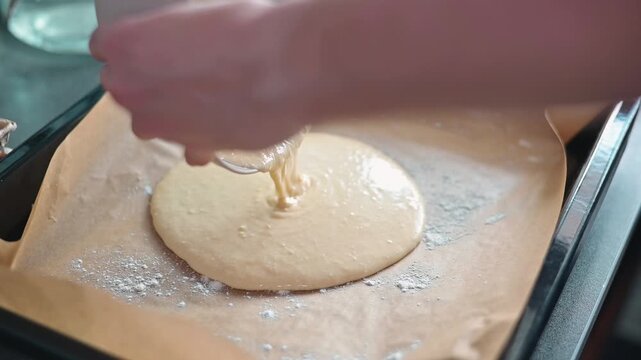 A person pours a thick batter onto a lined baking tray in a kitchen. The action shows the careful process of preparing a baked dish, highlighting the texture of the mixture