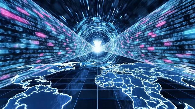 A futuristic digital tunnel with a glowing blue light at the end, surrounded by pink and blue pixels, with a world map outline on a grid floor