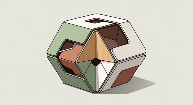 Geometric puzzle box with multiple colored pieces and openings for problem solving and fun