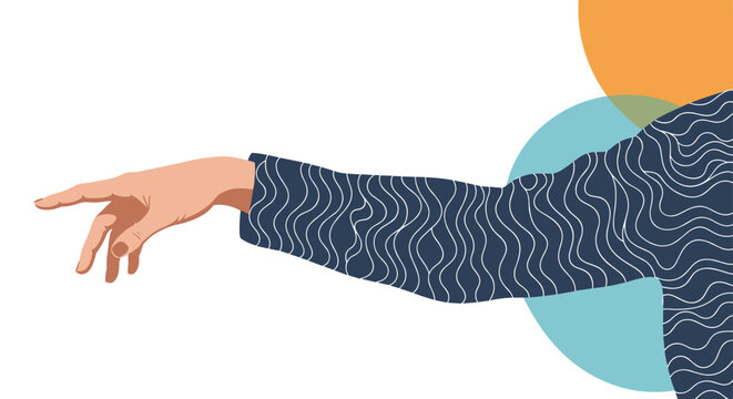 Hand and arm in a navy patterned sleeve reaching to the left with colorful blue and yellow abstract circles in the background.