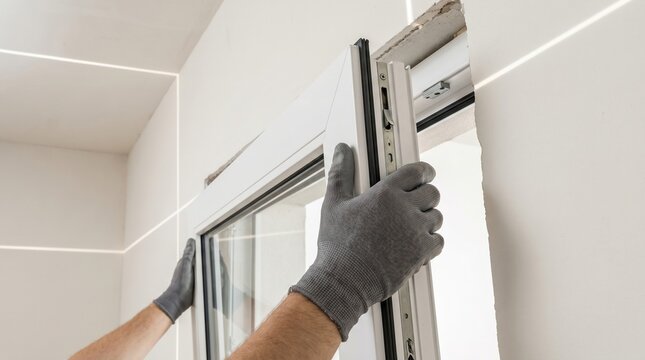 Professional worker hands in grey gloves installing white PVC window using laser level during house renovation