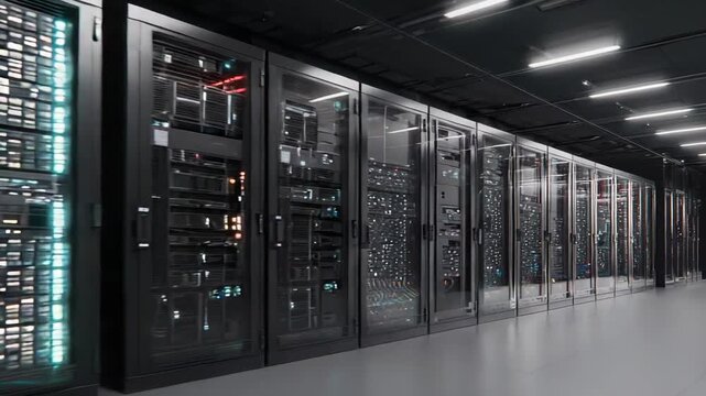 Rows of server racks with blinking lights and cooling systems filling a dedicated data center room, representing global communication, network security, and cloud computing infrastructure