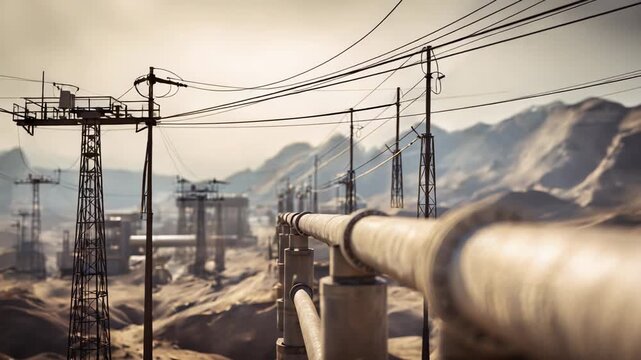 Industrial pipeline stretching across an arid environment, connecting energy infrastructure with power lines and distant mountains under a warm sky, symbolizing global energy supply and demand