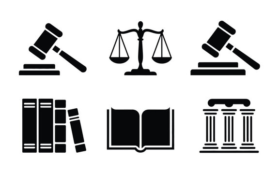 Elegant silhouette logo bundle of constitution law and justice symbols including gavel scales books and columns on white background