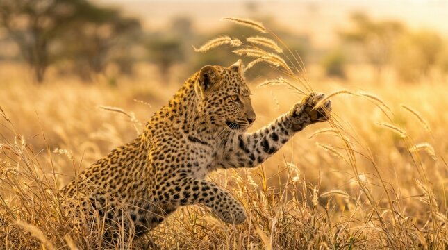 Leopard in golden grass, reaching out, wildlife in natural habitat, sunny day, African savanna scene.