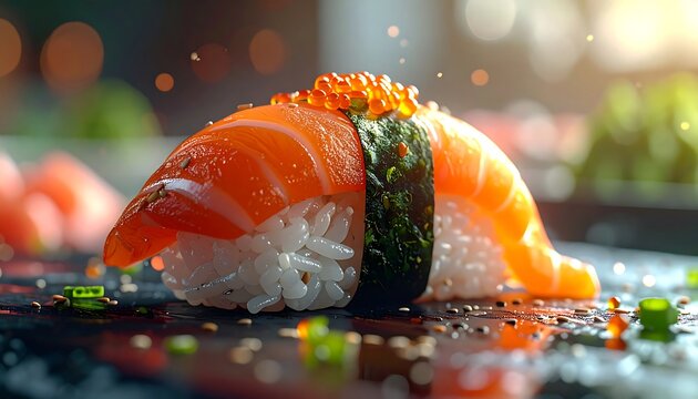 Salmon nigiri sushi on a dark plate with roe topping, greens, against a blurred backdrop of light