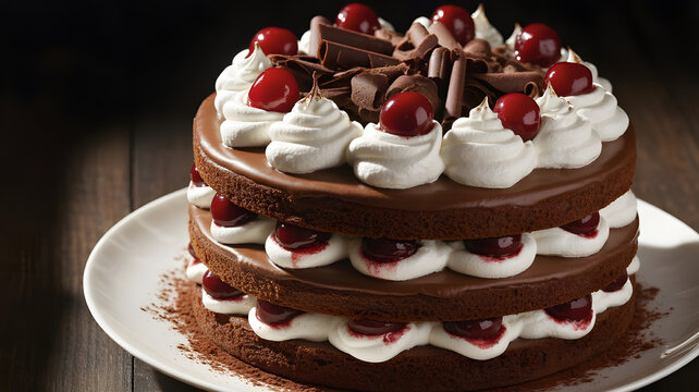 Black forest cake with cherries and cream layers, dramatic lighting, rich textures, bakery style
