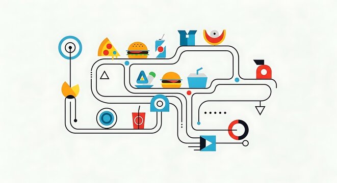 A colorful illustration of a fast food workflow process with various icons and symbols