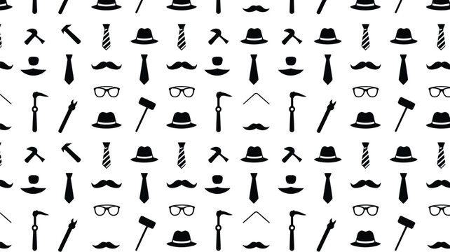 Minimalist icons of men's accessories arranged in a seamless pattern on white background