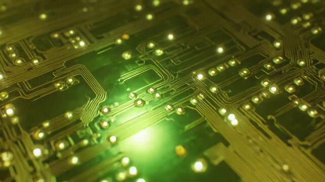 Electronic circuit traces and components are glowing with a vibrant green light, symbolizing advanced technology, data flow, and modern computing connections