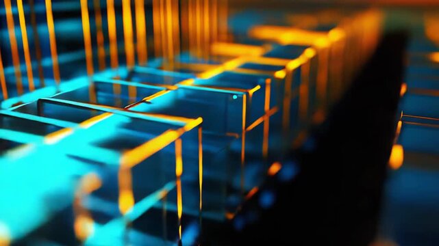 Quantum processor architecture featuring glowing blue and orange lines and geometric shapes, representing advanced digital information flow and future technology development