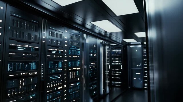 Modern data center racks and servers operating with glowing lights, processing vast amounts of information and supporting global cloud computing infrastructure