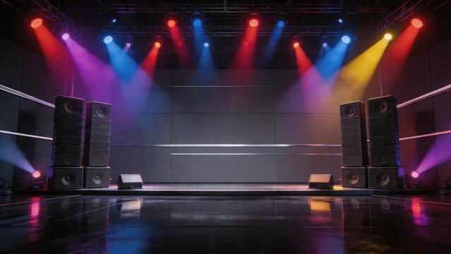 Empty stage with colorful lights and speakers