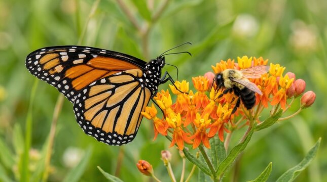 Monarch Butterfly and Bee Pollinating Vibrant Orange Flowers in Natures Embrace.