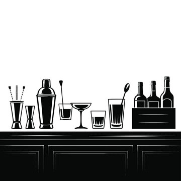 Bar counter with drinks and bartending tools vector illustration