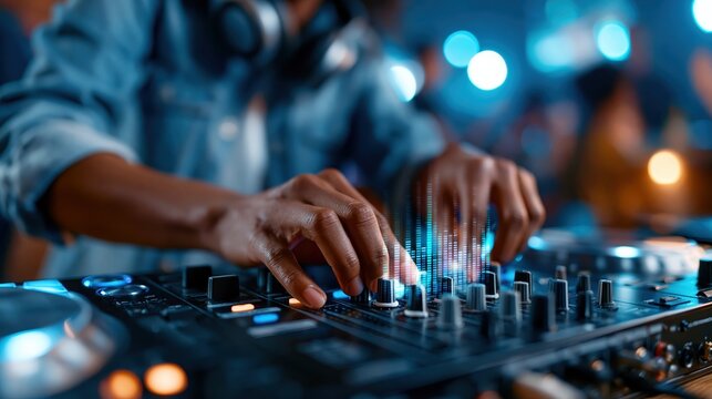 DJ hands on illuminated mixing console with blue lights and nightclub bokeh in a dark music scene