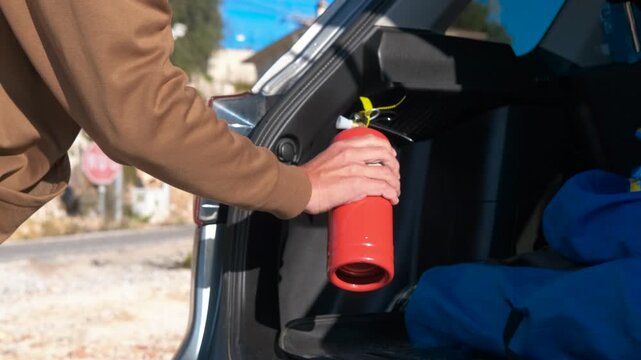Man grabbing fire extinguisher from car trunk for emergency. Male driver quickly taking a red fire extinguisher from the trunk of his car in an emergency situation