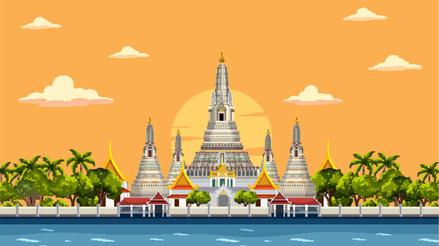 Sunset View of Wat Arun Temple in Bangkok Thailand Vector Illustration