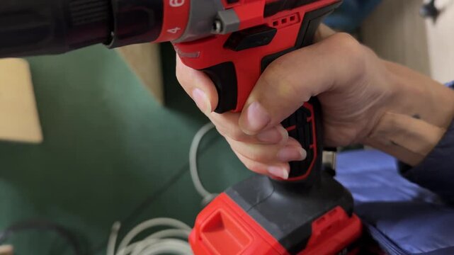 Close up of woman hand using electric screwdriver, pressing trigger and rotating tool, fastening process and power tool usage concept