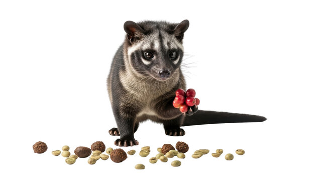 Asian palm civet with coffee cherries and beans, luwak coffee production concept, exotic animal holding red coffee fruit on white background